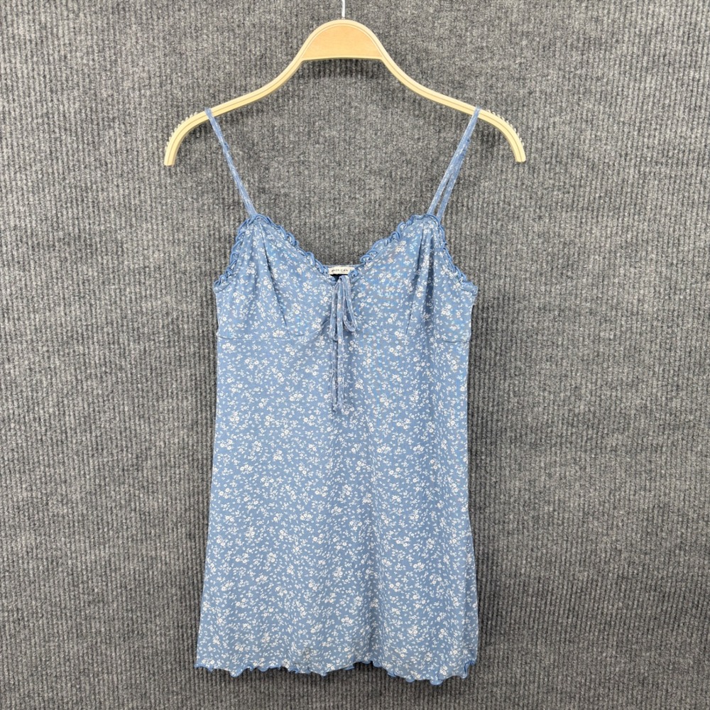 American Eagle Women Mini Dress Medium Blue Floral Mesh Overlay Lettuce Hem Baby